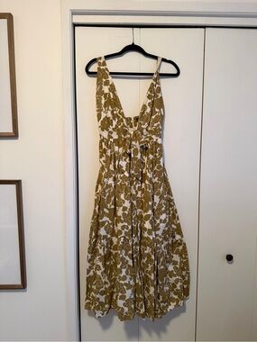 Aakaa Olive & White Floral Tie-Front Midi Dress